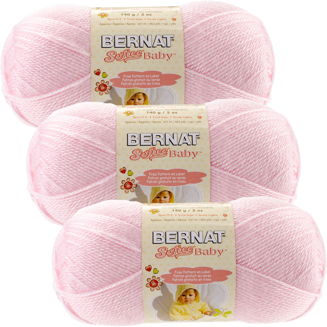 Bernat Softee Baby Pink Yarn 3 Pack of 141g/5oz Acrylic 3 DK (Light) - 362 Yards Knitting/Crochet